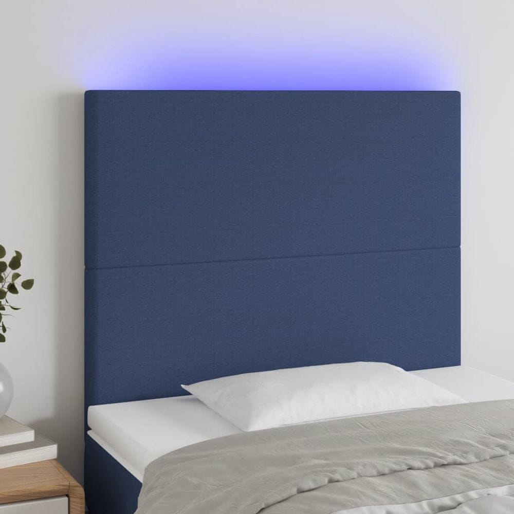 Vidaxl Čelo postele s LED modré 90x5x118/128 cm látka
